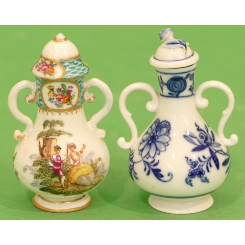 173 - A Meissen Miniature Round Bulbous Thin Necked Lidded 2 Handled Pot on white and puce ground with mul... 