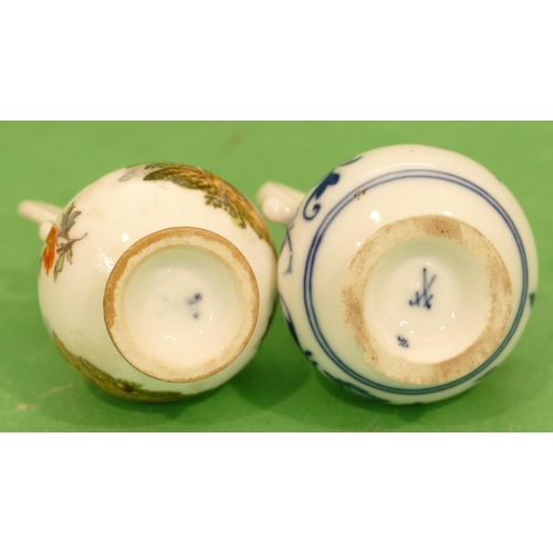 173 - A Meissen Miniature Round Bulbous Thin Necked Lidded 2 Handled Pot on white and puce ground with mul... 