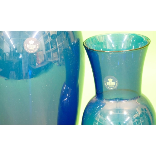 18 - A Royal Copenhagen Blue Glass Round Bulbous Thin Necked Trumpet Shaped Vase, 37.5cm high, also a mat... 