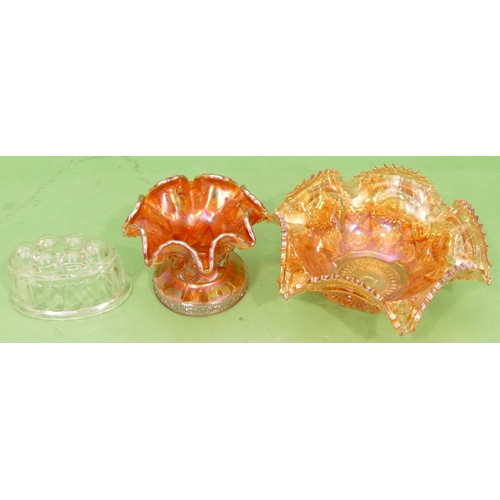 2 - A Carnival Glass Octagonal Fruit Bowl having crinkled rim, 31cm wide, a smaller carnival glass scall... 