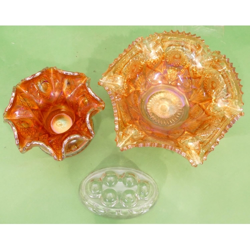 2 - A Carnival Glass Octagonal Fruit Bowl having crinkled rim, 31cm wide, a smaller carnival glass scall... 