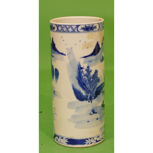 214 - A Chinese Blue and White Cylindrical Vase having river landscape figure and building decoration, 28.... 