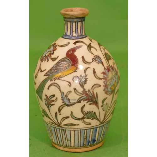 218 - An Eastern Round Bulbous Thin Necked Vase on cream ground with multicoloured, bird, floral and leaf ... 