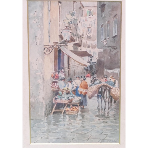 229 - An Early 20th Century Watercolour depicting continental cobbled street scene with street sellers, in... 