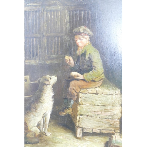 232 - A 19th Century Oil on Panel depicting young Scottish boy seated in stables with dog at his feet, uns... 