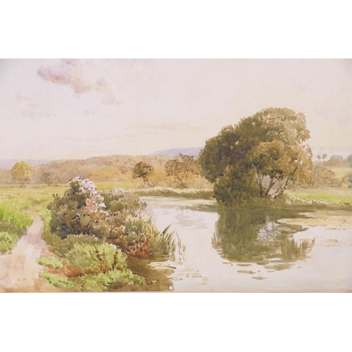 236 - A Watercolour depicting storks on riverbank, signed, in gilt frame, 10cm x 27cm, also another waterc... 