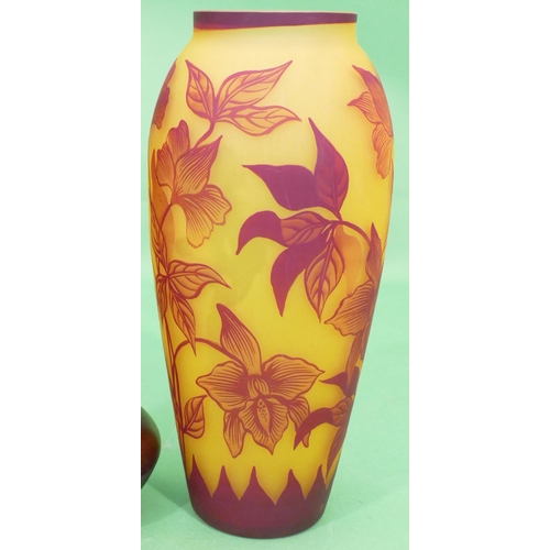 24 - A Reproduction Galle Style Round Bulbous Thin Necked Glass Vase on yellow and red ground with floral... 