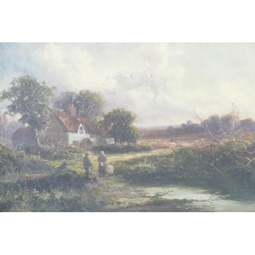 246 - A 19th Century Oil on Canvas depicting 3 figures on waters edge with cottage and sheep in background... 