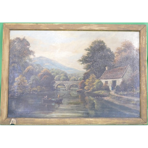 248 - E D Harrison, Oil on Canvas depicting figures in rowing boat, with cottage on bank with arched bridg... 