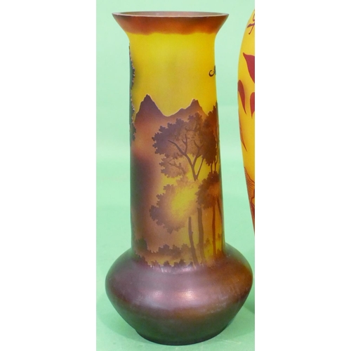 25 - A Reproduction Galle Style Round Bulbous Thin Necked Trumpet Shaped Glass Vase on yellow and brown g... 