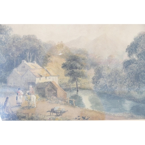 252 - A 19th Century Watercolour depicting figures with horse on riverbank, with watermill, trees and hill... 