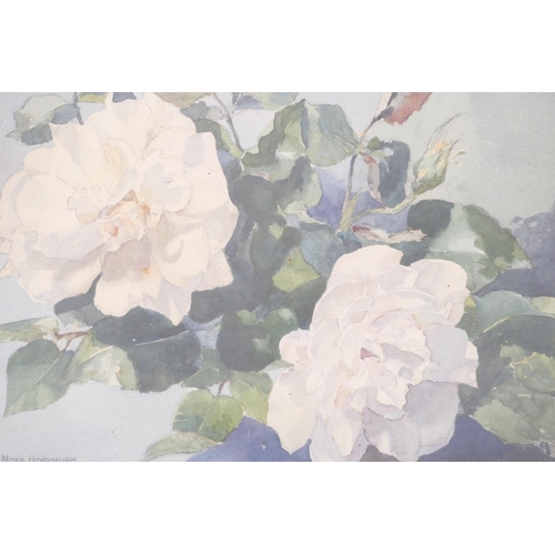 254 - Nora Hjndhaugh, Watercolour still life white roses, signed, in gilt frame, 22.5cm x 31.5cm.