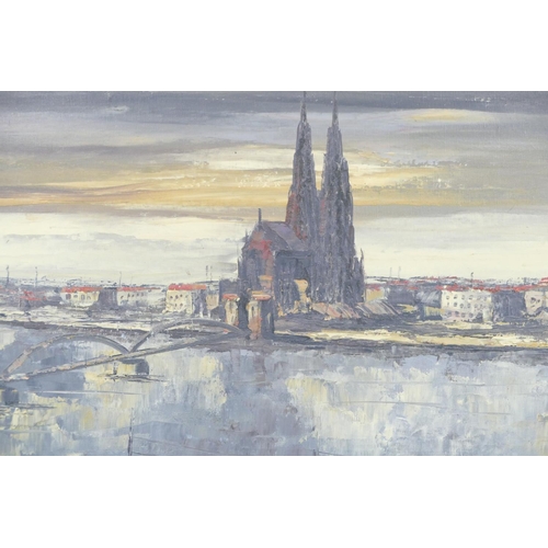 261 - Osw Wood, Oil on Canvas depicting river landscape at sunset with cathedral and buildings on opposite... 