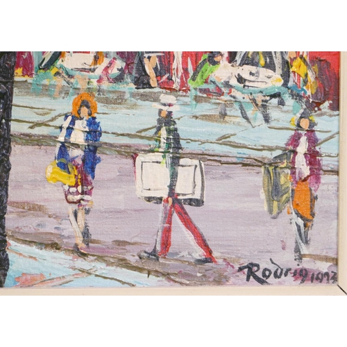 262 - Rodrig, Colourful Oil on Canvas, continental street scene with artist and church in background, indi... 