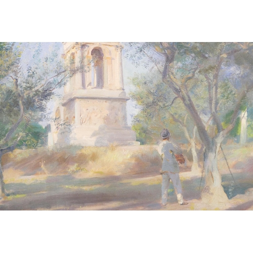 265 - Douglas Stannus Gray, Oil on Canvas depicting figures round memorial in a South of France park, sign... 