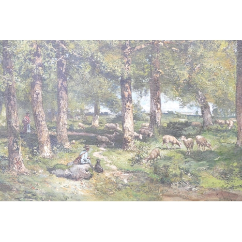 267 - Godfroy De Hagemann, Large Oil on Canvas woodland scene with sheppard resting his flock having furth... 