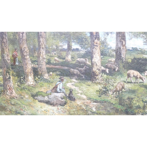 267 - Godfroy De Hagemann, Large Oil on Canvas woodland scene with sheppard resting his flock having furth... 