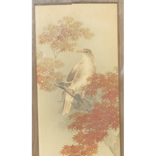 271 - 3 x Oriental Watercolours depicting birds, tree and floral decoration, in oak frames, 29cm x 10.5cm.