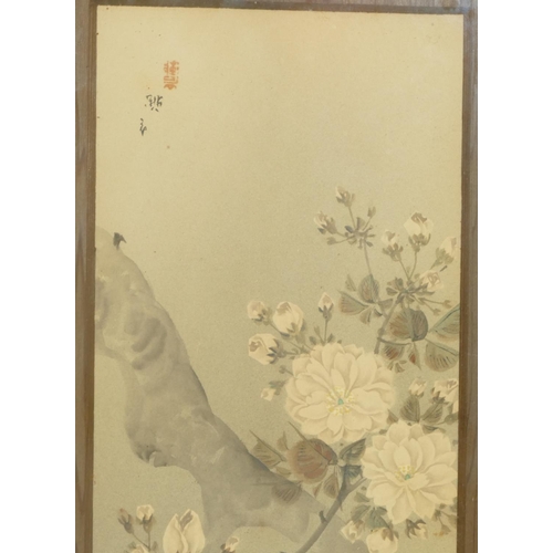 271 - 3 x Oriental Watercolours depicting birds, tree and floral decoration, in oak frames, 29cm x 10.5cm.