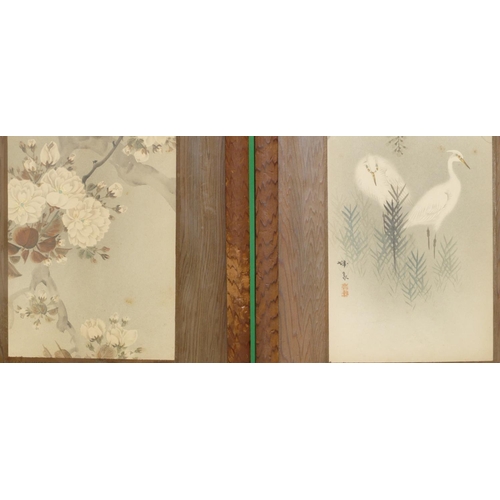 271 - 3 x Oriental Watercolours depicting birds, tree and floral decoration, in oak frames, 29cm x 10.5cm.