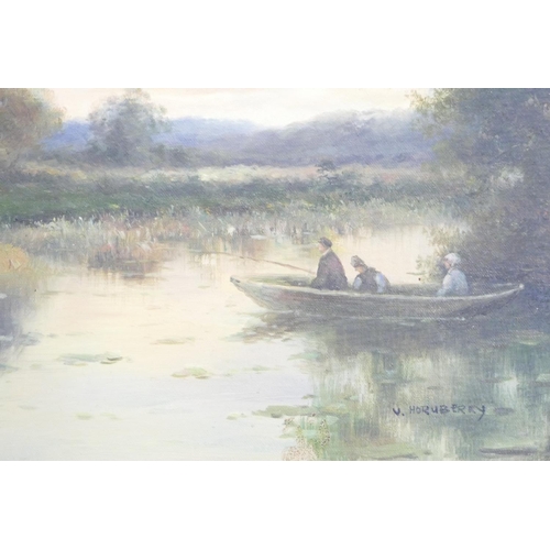 274 - V Horuberry, 19th Century Oil on Canvas depicting figures fishing in rowing boat with church on oppo... 