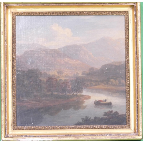 275 - A 19th Century Oil on Canvas depicting figures in middle of river with woodland and hills in backgro... 