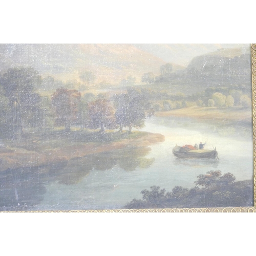 275 - A 19th Century Oil on Canvas depicting figures in middle of river with woodland and hills in backgro... 