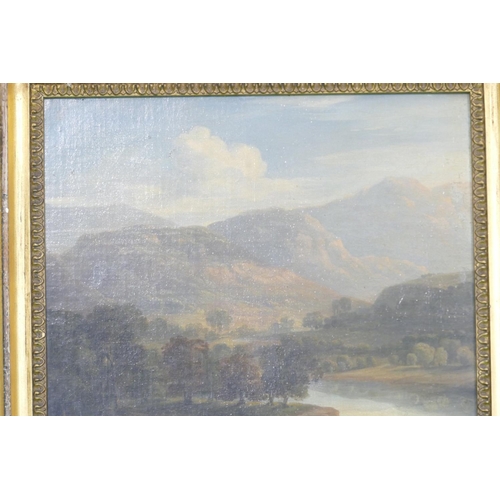 275 - A 19th Century Oil on Canvas depicting figures in middle of river with woodland and hills in backgro... 