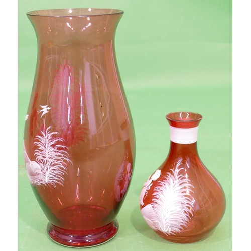 28 - A Ruby Glass Mary Gregory Style Round Bulbous Thin Necked Trumpet Shaped Vase having figure motif, 2... 