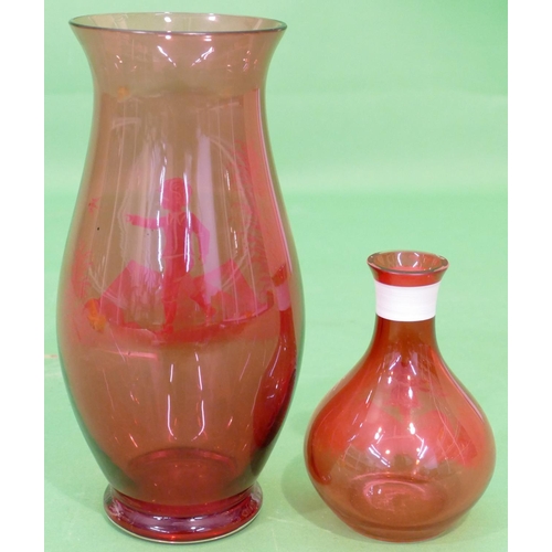 28 - A Ruby Glass Mary Gregory Style Round Bulbous Thin Necked Trumpet Shaped Vase having figure motif, 2... 