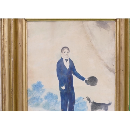 280 - A Pair of 19th Century Naive Portrait Watercolours depicting young boy with dog and girl holding flo... 