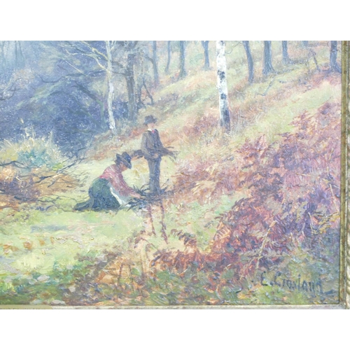 281 - Enoch Crosland, 19th Century Oil on Panel depicting figures gathering wood in forest, signed, in gil... 