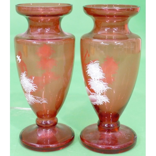 29 - A Pair of Ruby Glass Mary Gregory Style Bulbous Thin Necked Trumpet Shaped Vases having figure decor... 