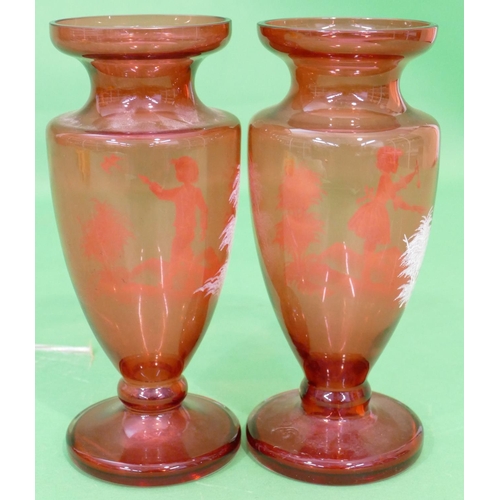 29 - A Pair of Ruby Glass Mary Gregory Style Bulbous Thin Necked Trumpet Shaped Vases having figure decor... 