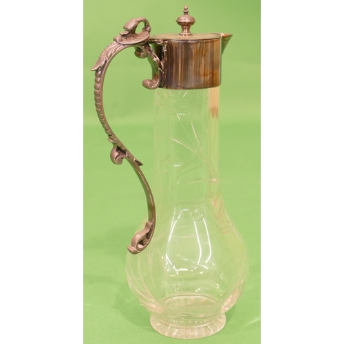 290 - A Cut Glass Round Bulbous Thin Neck Claret Jug having silver plated neck and scroll handle with rais... 