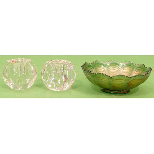 3 - A Pair of Royal Doulton Cut Glass Small Round Bulbous Shaped Candle Holders, 6.5cm high, also a smal... 