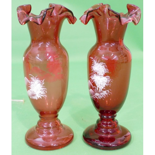 30 - A Pair of Ruby Glass Mary Gregory Style Round Bulbous Thin Necked Vases having crinkled rims with fi... 