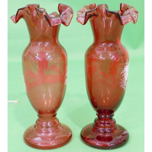 30 - A Pair of Ruby Glass Mary Gregory Style Round Bulbous Thin Necked Vases having crinkled rims with fi... 