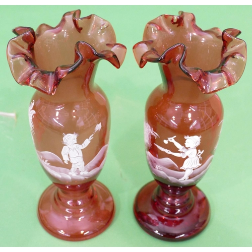 30 - A Pair of Ruby Glass Mary Gregory Style Round Bulbous Thin Necked Vases having crinkled rims with fi... 