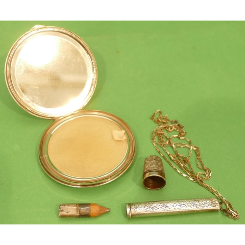 300 - A Chester Silver Pencil having engraved holder, with chain, a circular compact and a thimble in red ... 