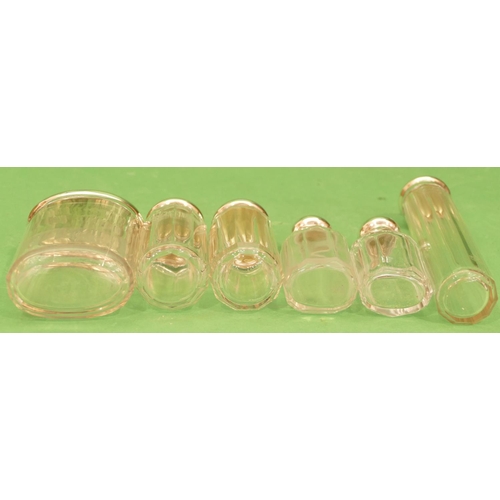 326 - A Harlequin Set of 6 Cut Glass Dressing Table Bottles, tops 3oz gross.