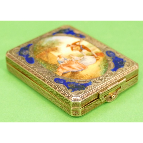 329 - A Continental Silver Coloured Metal Enamelled Compact having oval panel depicting musician and 2 sea... 