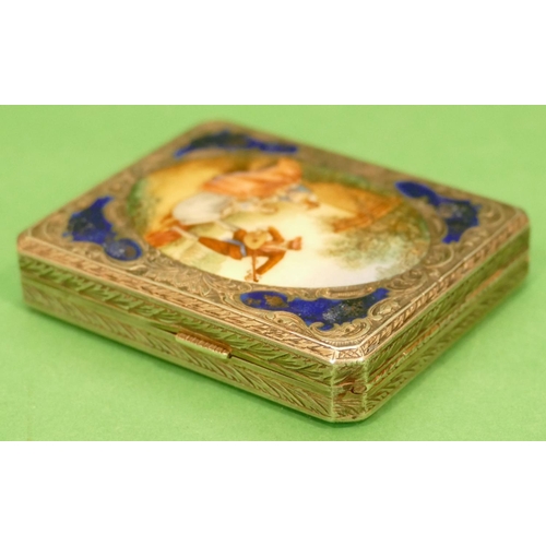 329 - A Continental Silver Coloured Metal Enamelled Compact having oval panel depicting musician and 2 sea... 