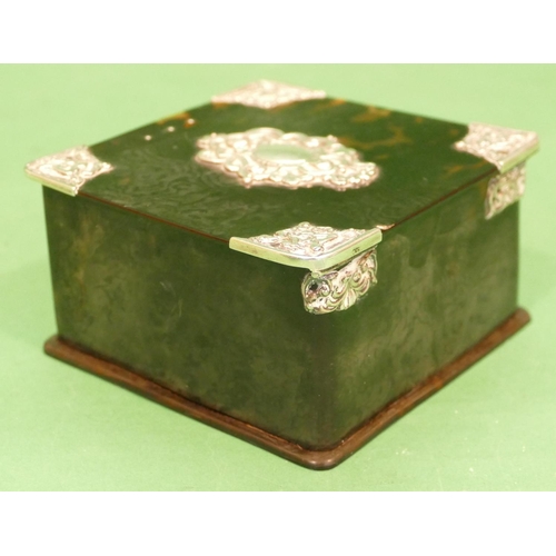 330 - A Square Tortoiseshell Box mounted with silver corners having figure motifs, hinged lid (hinge a/f),... 