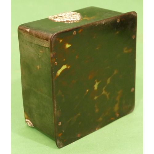 330 - A Square Tortoiseshell Box mounted with silver corners having figure motifs, hinged lid (hinge a/f),... 