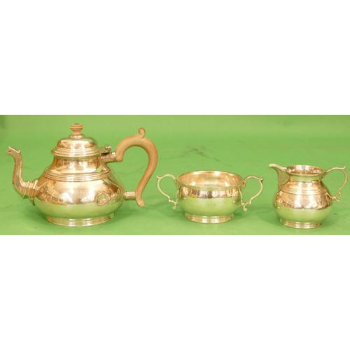 337 - An Edward VIII 3 Piece Silver Round Bulbous Shaped Tea Service comprising teapot with wooden scroll ... 