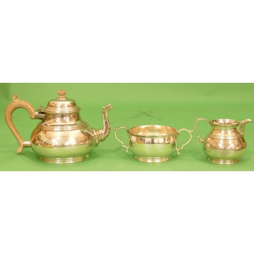 337 - An Edward VIII 3 Piece Silver Round Bulbous Shaped Tea Service comprising teapot with wooden scroll ... 