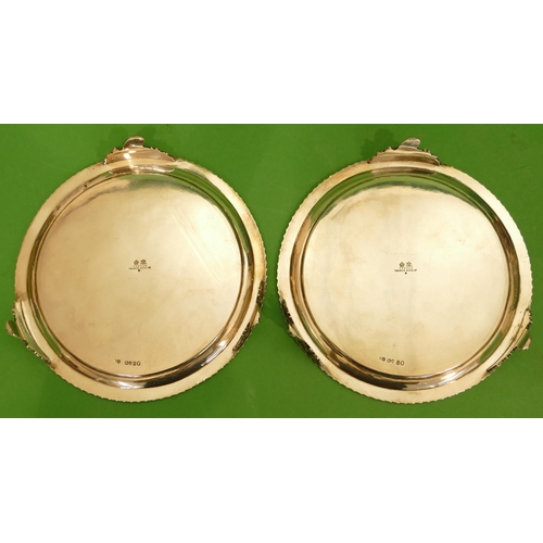 346 - A Pair of Victorian Silver Card Trays having gadroon rims on splayed feet, London 1873, Richard Sibl... 