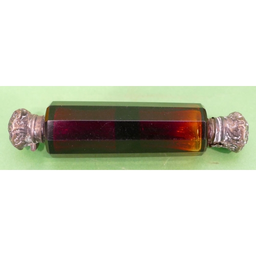 348 - A Ruby Glass Double Ended Scent Bottle having chamfer decoration, with embossed screw and hinged end... 