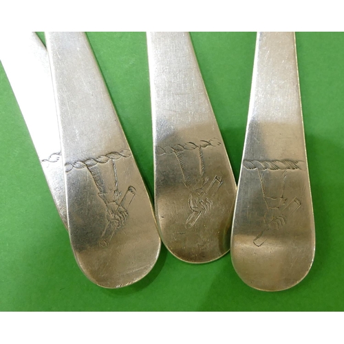 374 - A Set of 4 Similar Provincial Silver Tablespoons, all stamped IR IR and engraved with family crests,... 